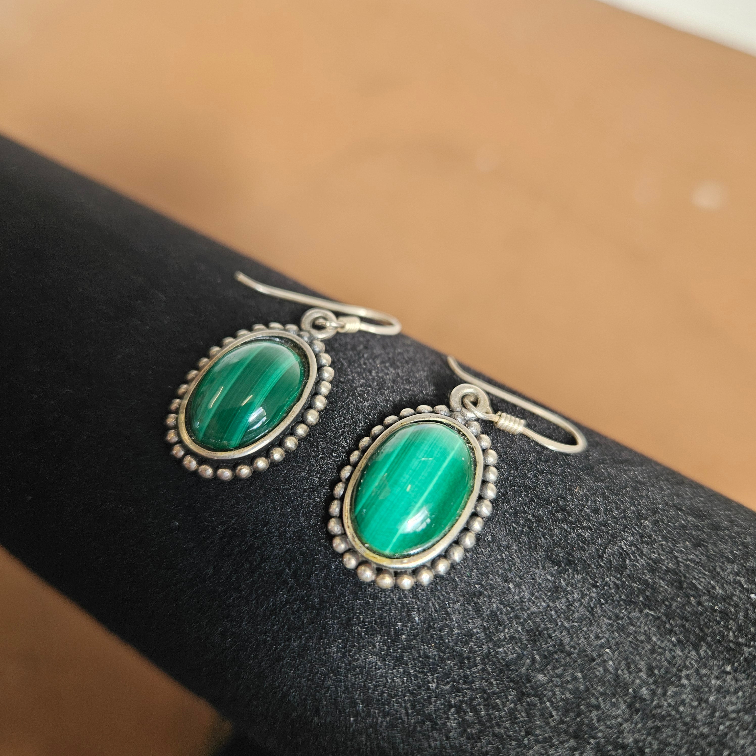 Vintage Oval Malachite & Sterling Silver Drop Earrings