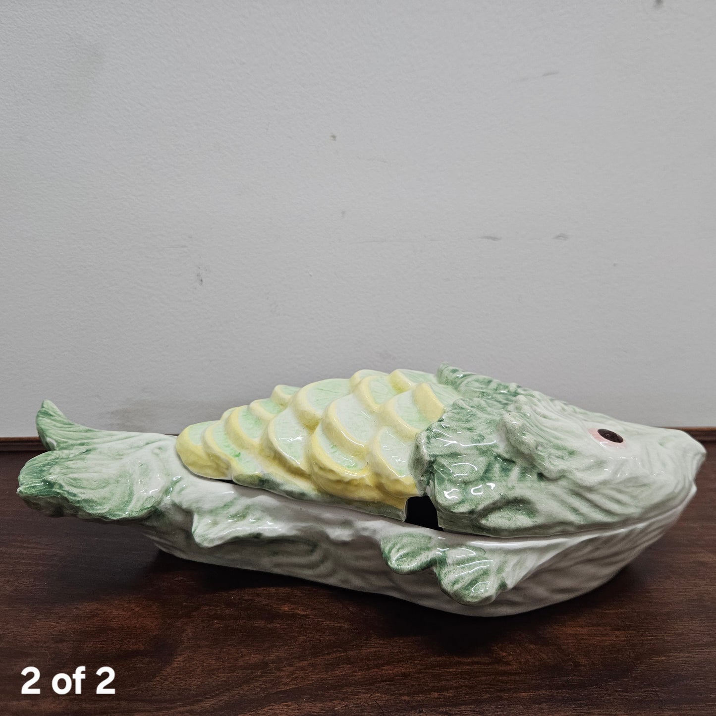 Vintage Italian Hand painted Majolica Fish Covered Dish