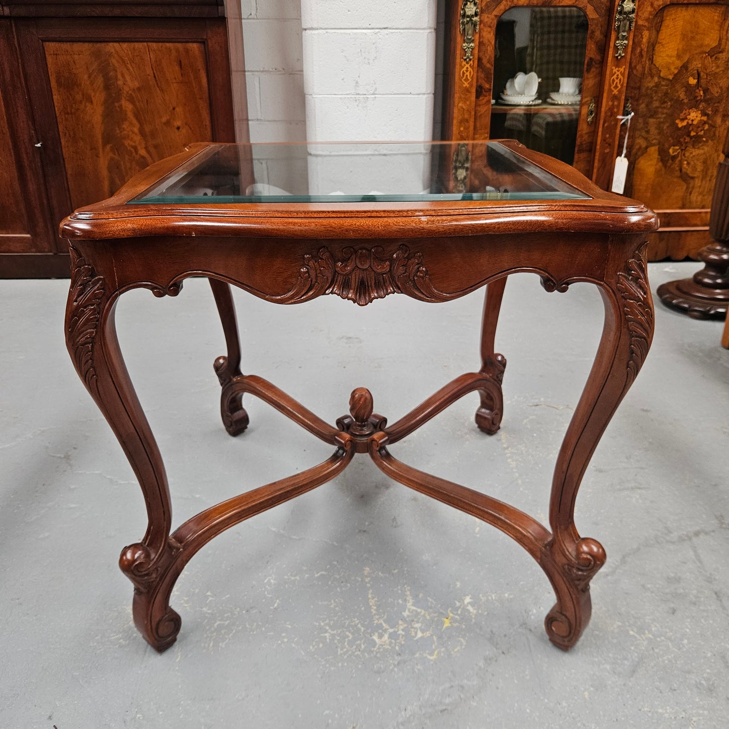 Vintage Mahogany Glass Top Coffee / Side Table Rococo Style