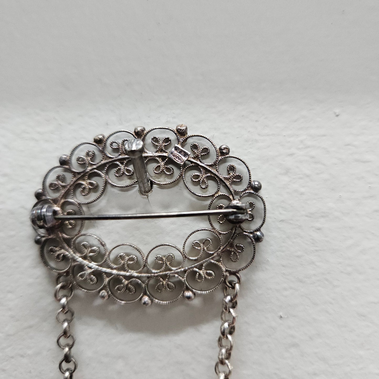 Silver Filigree And Bead Brooch