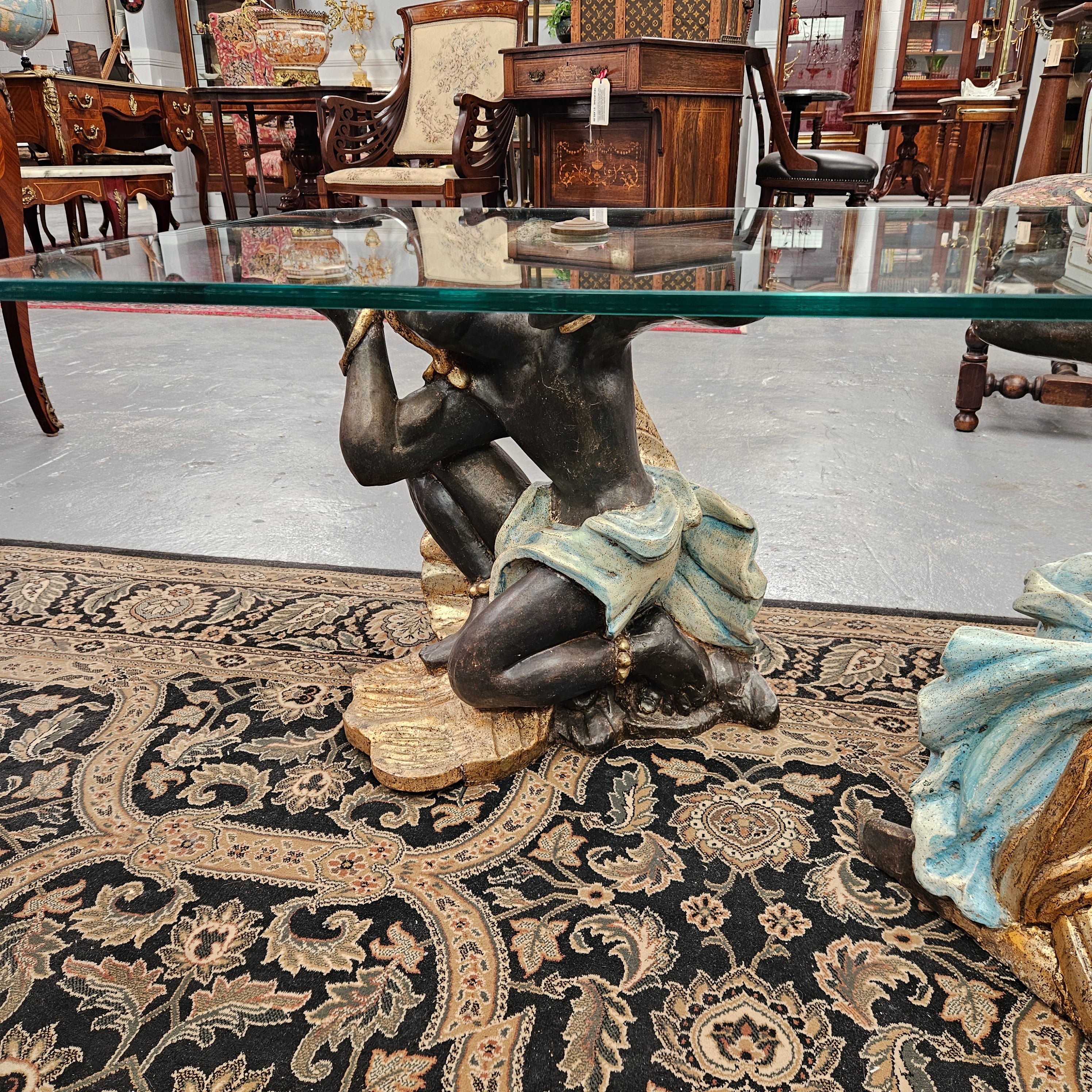 Vintage Carved Giltwood, Painted Blackamoor Glass Topped Coffee Table | Antique & Vintage | Moonee Ponds Antiques | Australia Wide Delivery