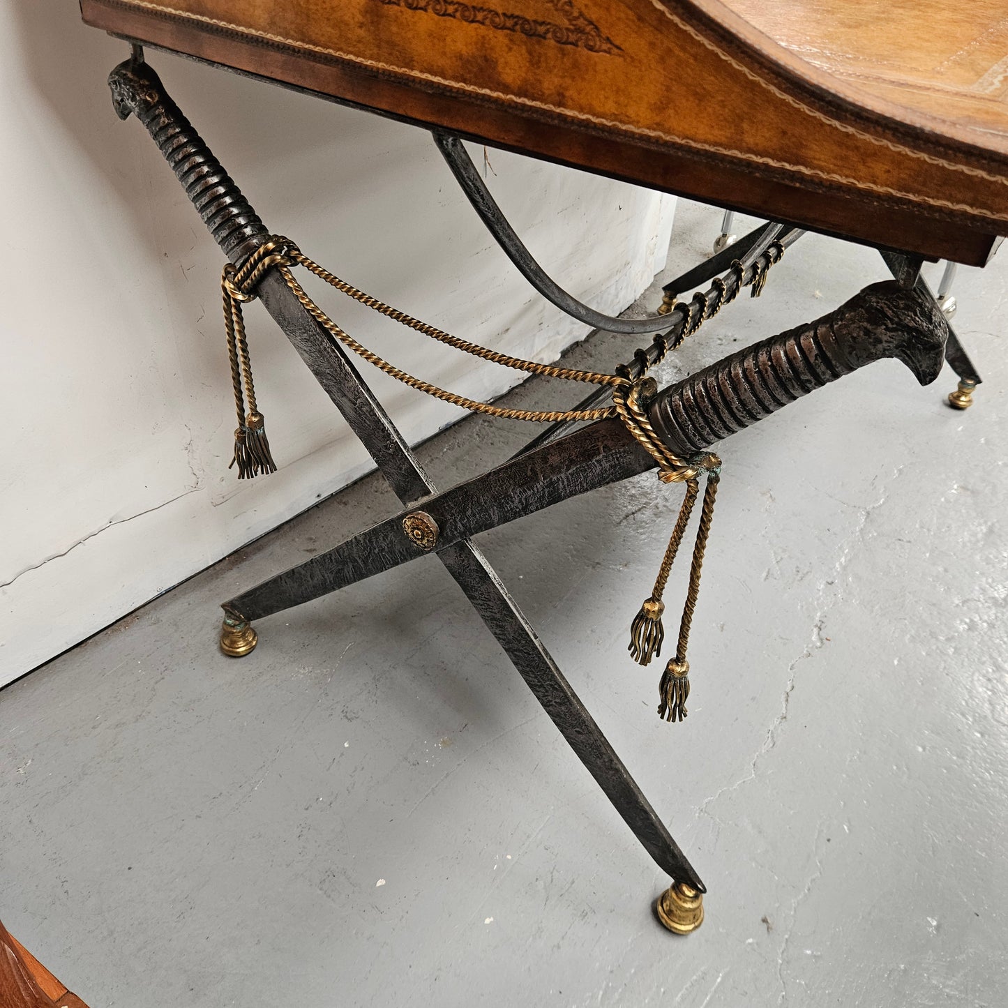 Spanish Empire Style Leather, Iron & Brass Desk