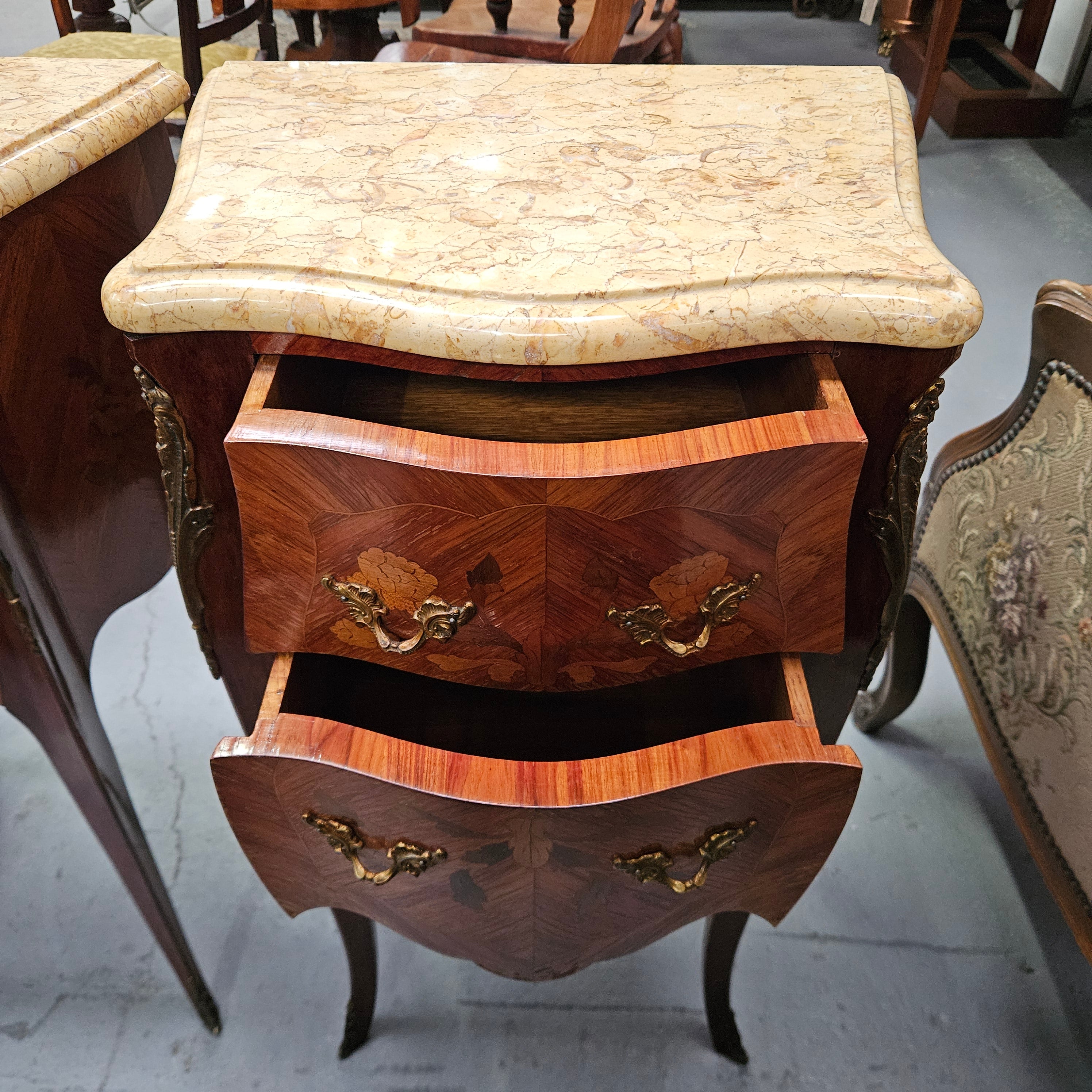 Elegant Pair of Louis XV Style Marble Top Bedsides | Antique & Vintage | Moonee Ponds Antiques | Australia Wide Delivery