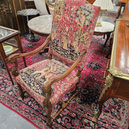 French 19th Century Walnut & Tapestry Fireside / Throne Chair