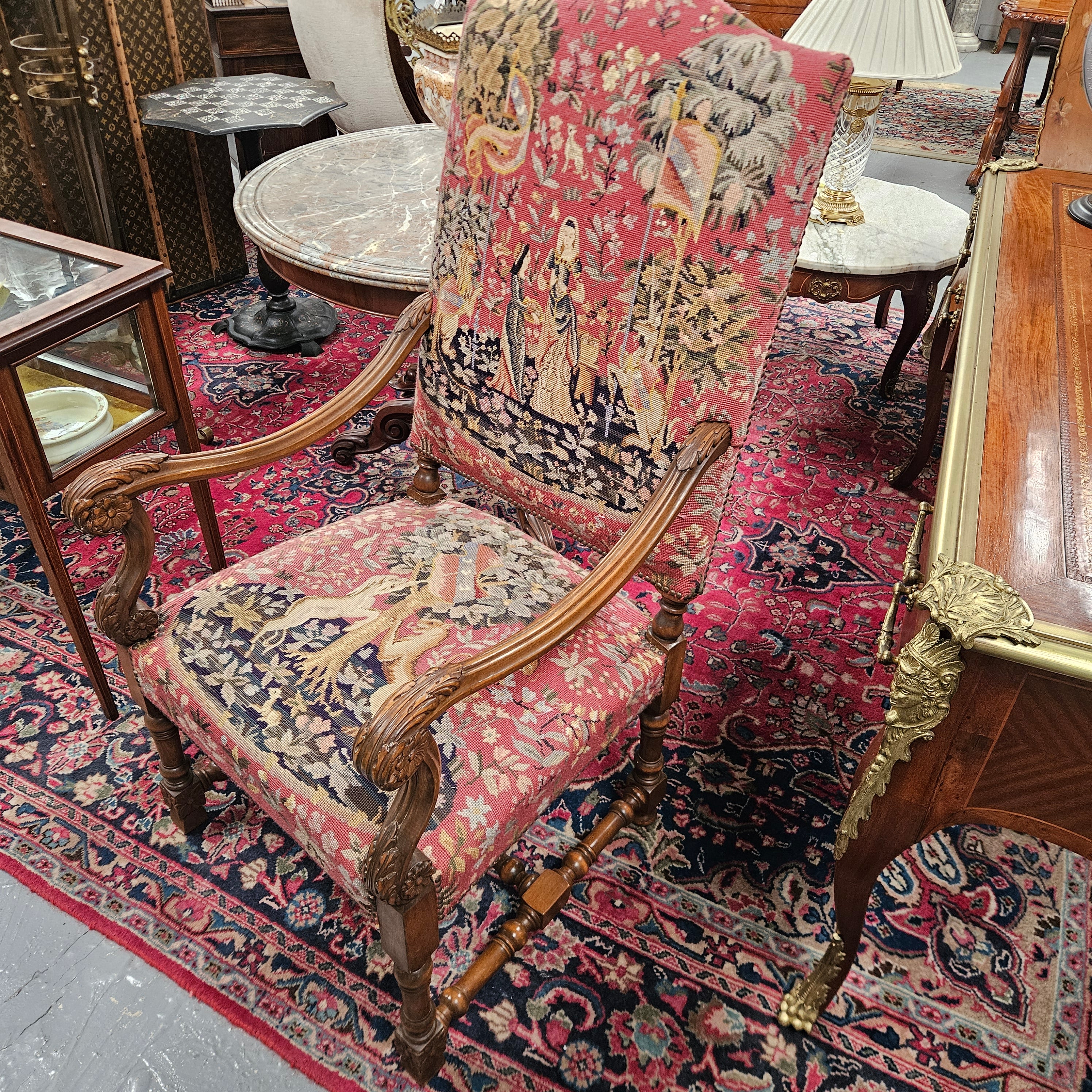 French 19th Century Walnut & Tapestry Fireside / Throne Chair | Antique & Vintage | Moonee Ponds Antiques | Australia Wide Delivery
