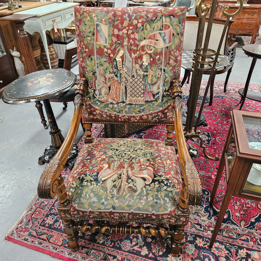 19th Century French Carved Walnut & Tapestry Fireside/Throne Chair