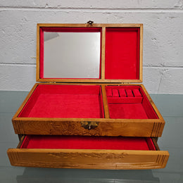 Vintage Chinese Maple Jewellery Box With Hand Carvings