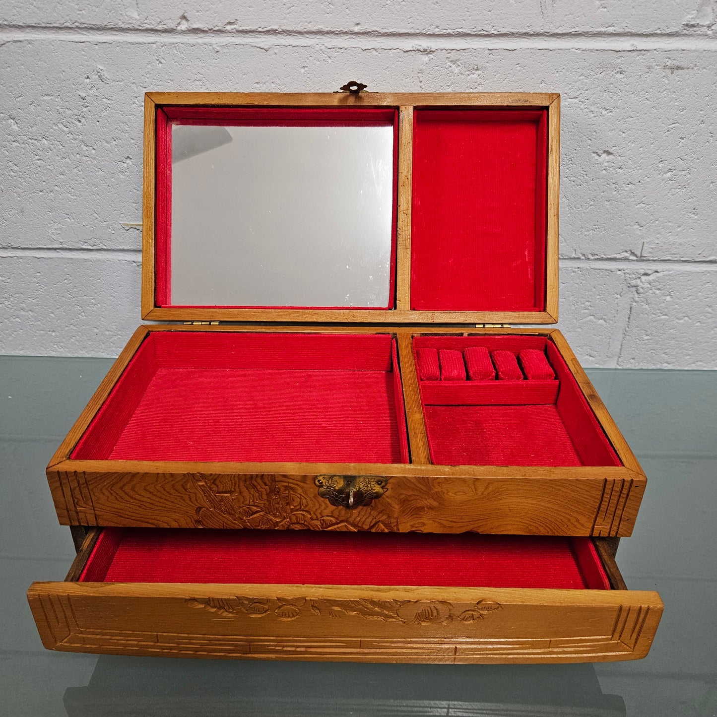 Vintage Chinese Maple Jewellery Box With Hand Carvings