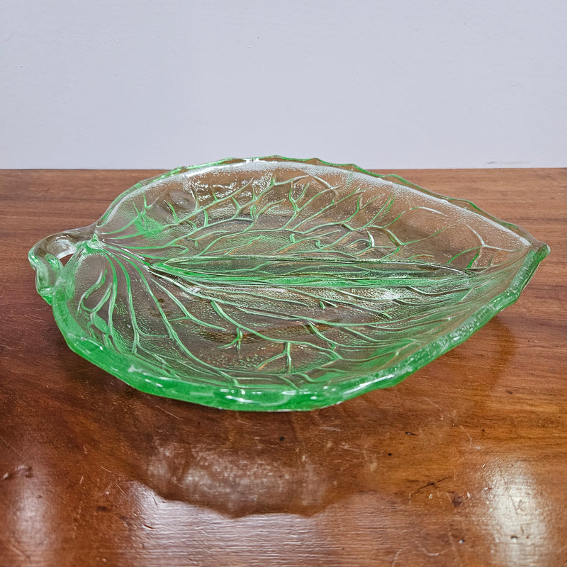 Vintage Bagley Uranium Green Glass Leaf Dish
