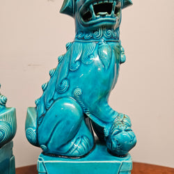 Pair of Vintage Chinese Turquoise Glazed Guardian Foo Dogs