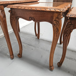 French Oak Three Piece Nest of Tables With Cane Inserts
