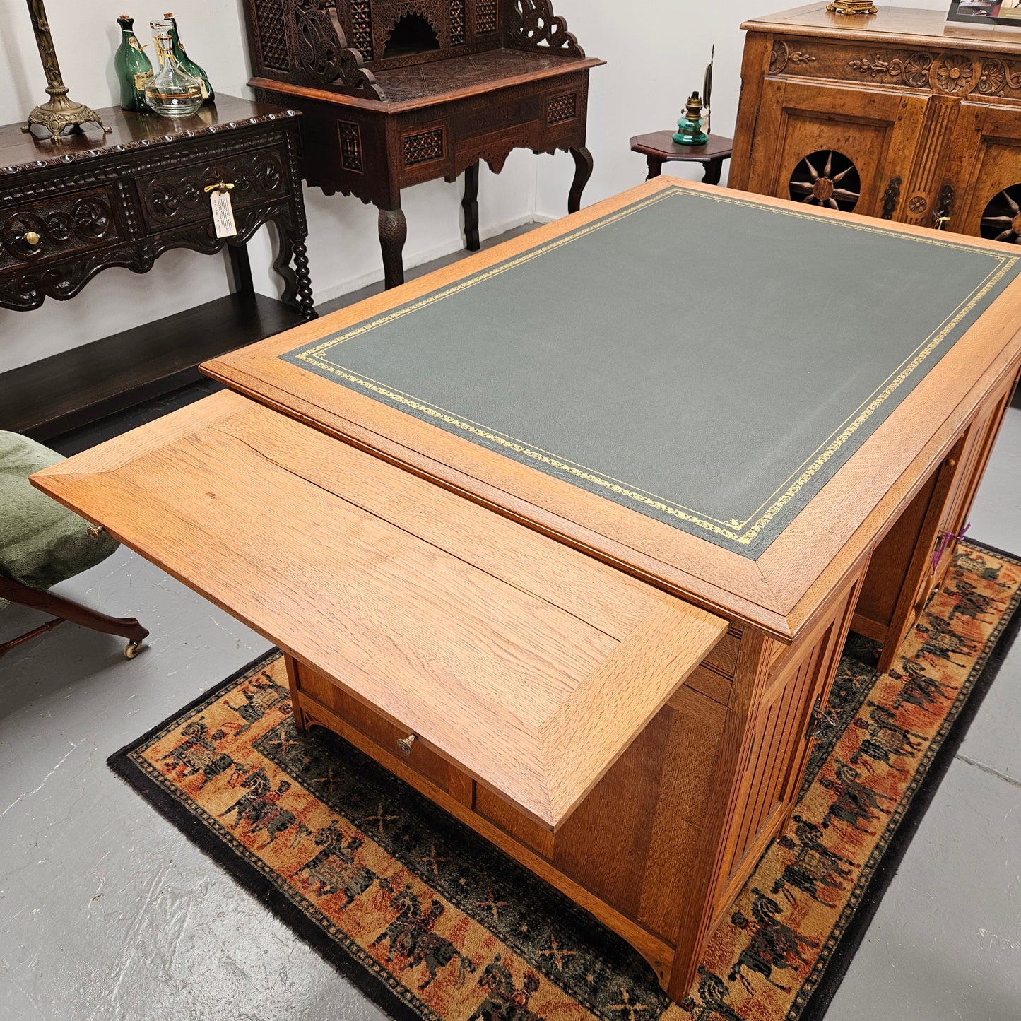 French Oak Art Deco Full Partners Desk With Leather Top