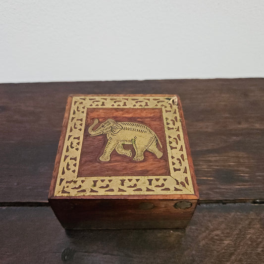 Vintage Brass Inlaid Wooden Hinged Trinket Box