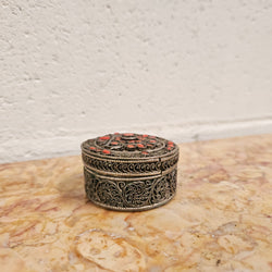 Vintage Ornate Filigree Silver And Coral Trinket Box | Antique & Vintage | Moonee Ponds Antiques | Australia Wide Delivery