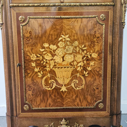 French Walnut Louis XV Style Marble Top Marquetry Inlaid Side Cabinet