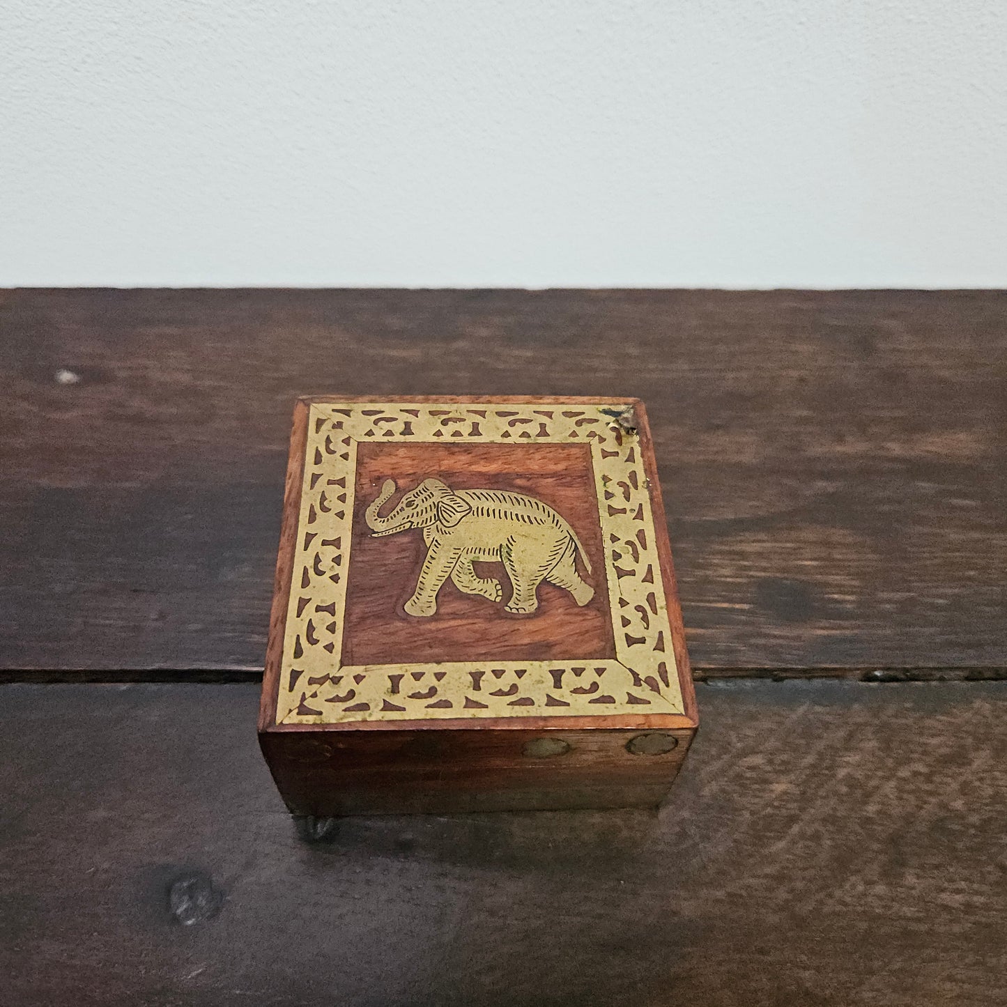 Vintage Brass Inlaid Wooden Hinged Trinket Box