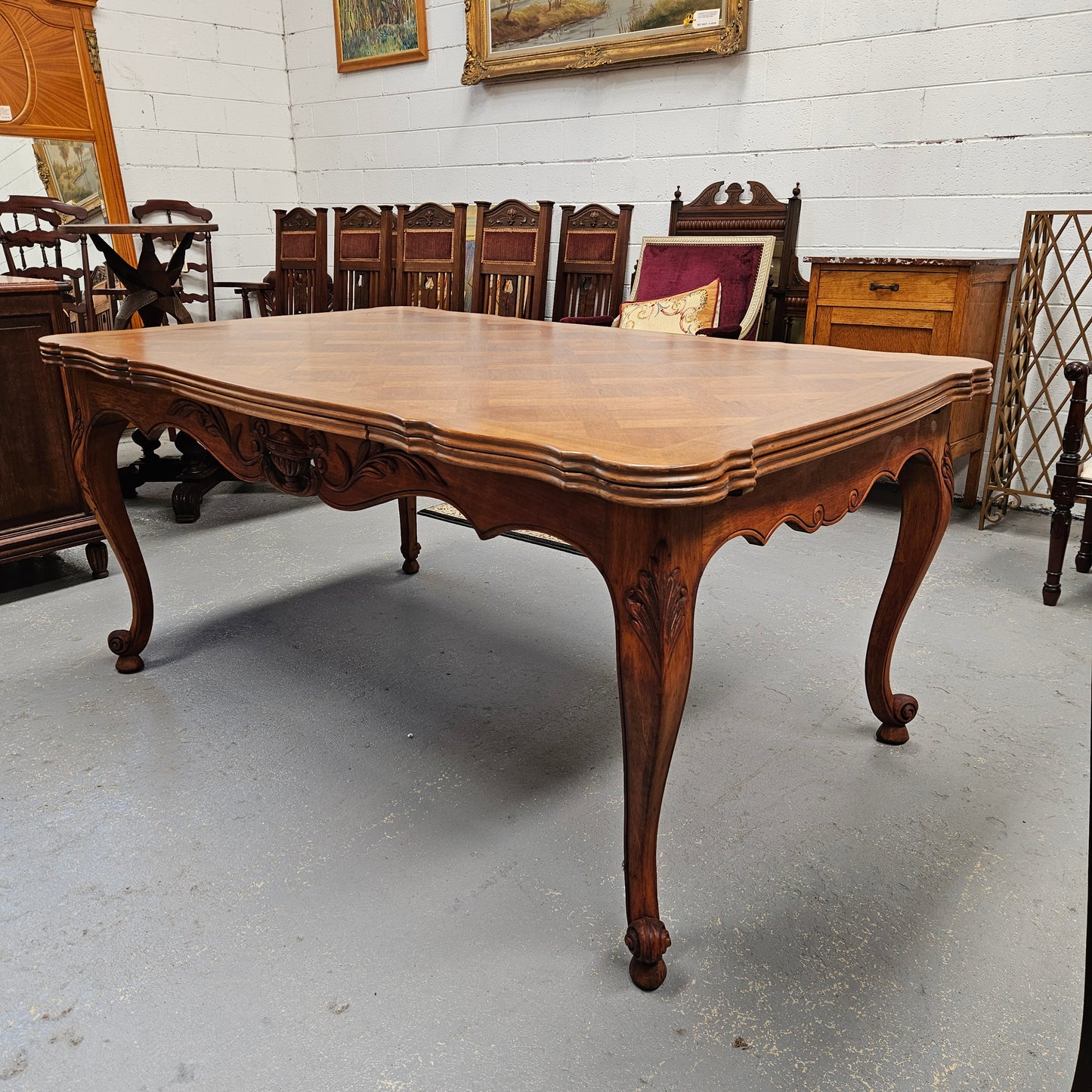 Louis XV Style Walnut Parquetry Top Extension Table