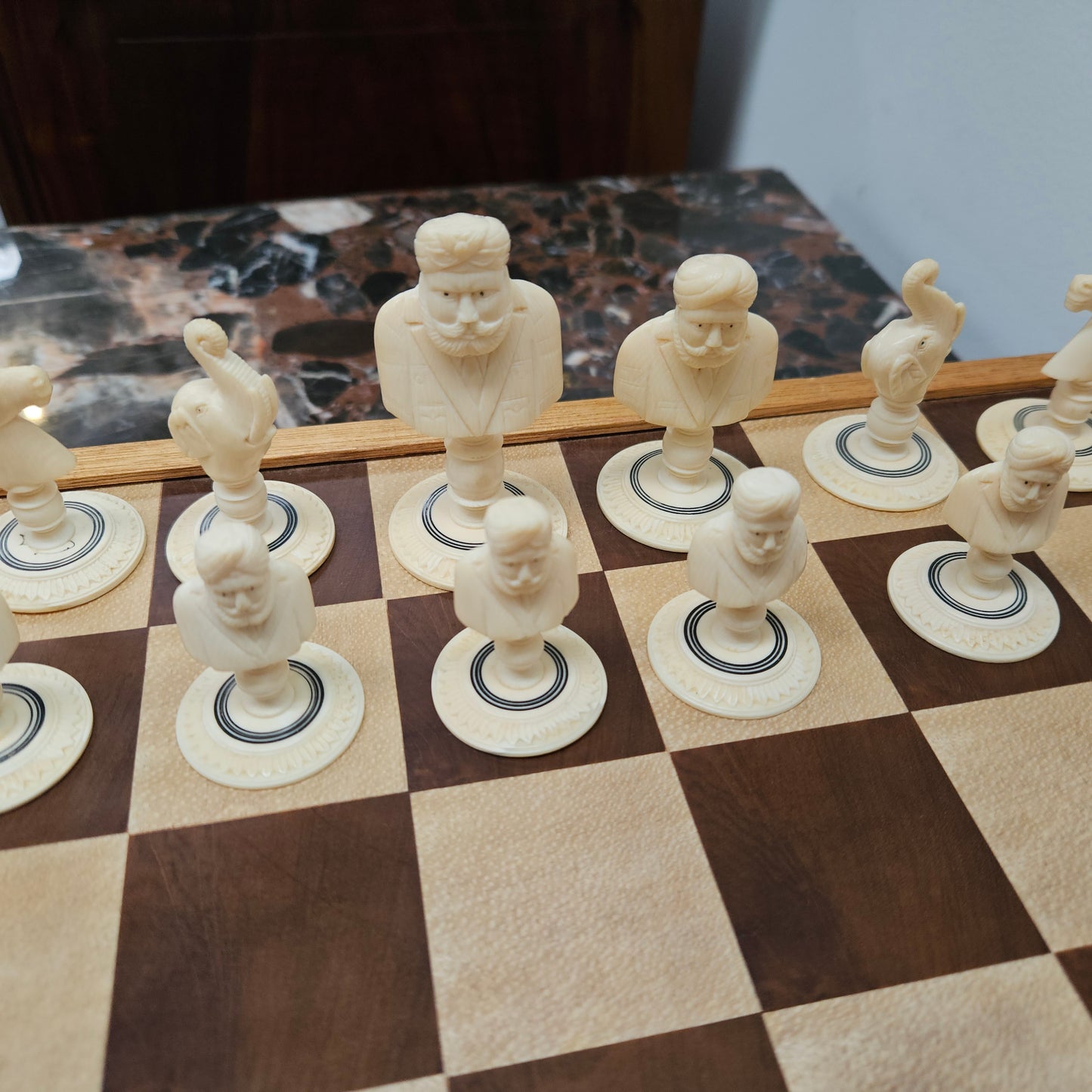 Antique Carved & Stained Ivory Chess Set