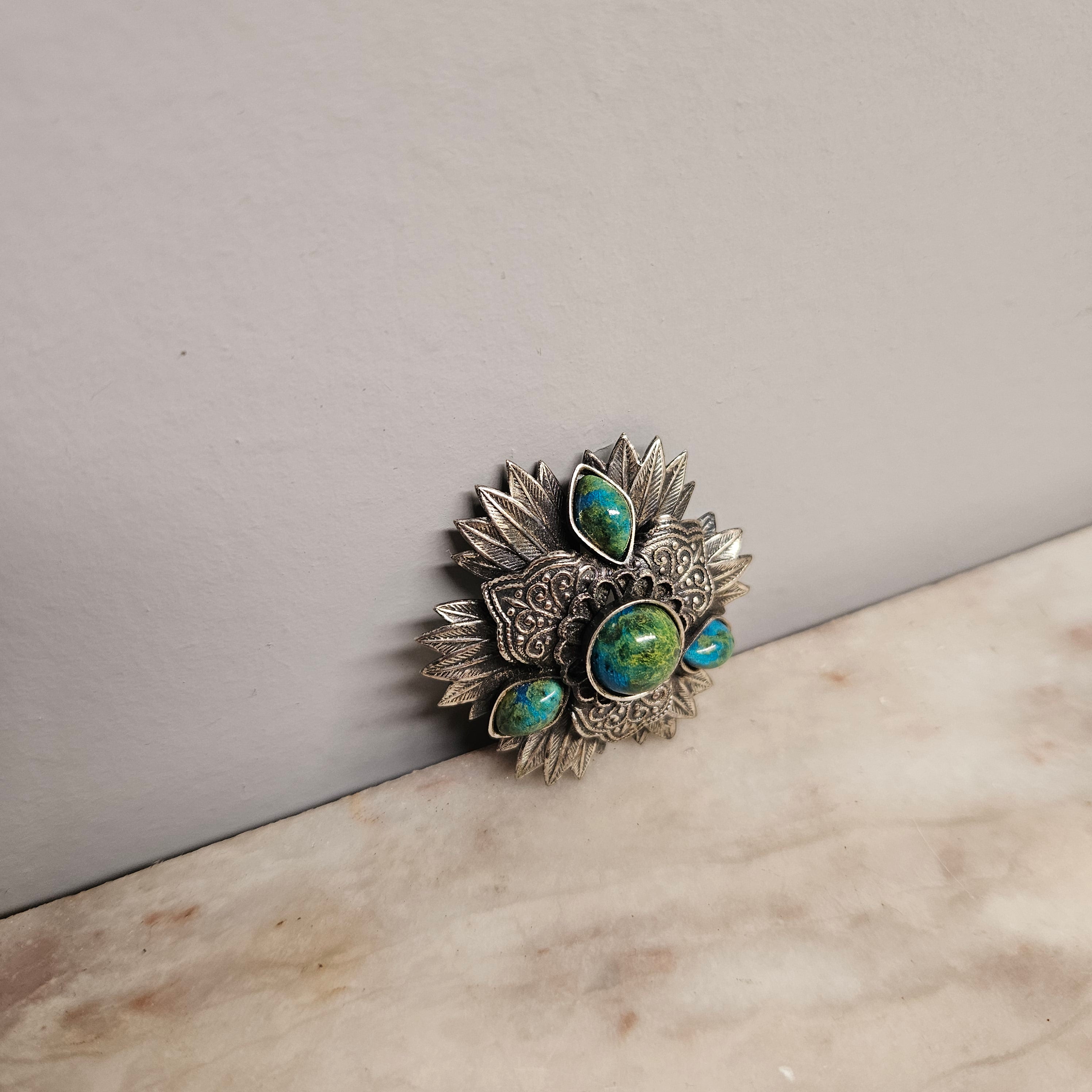 Decorative Vintage Silver Toned Brooch Set With Turquoise Coloured Stones