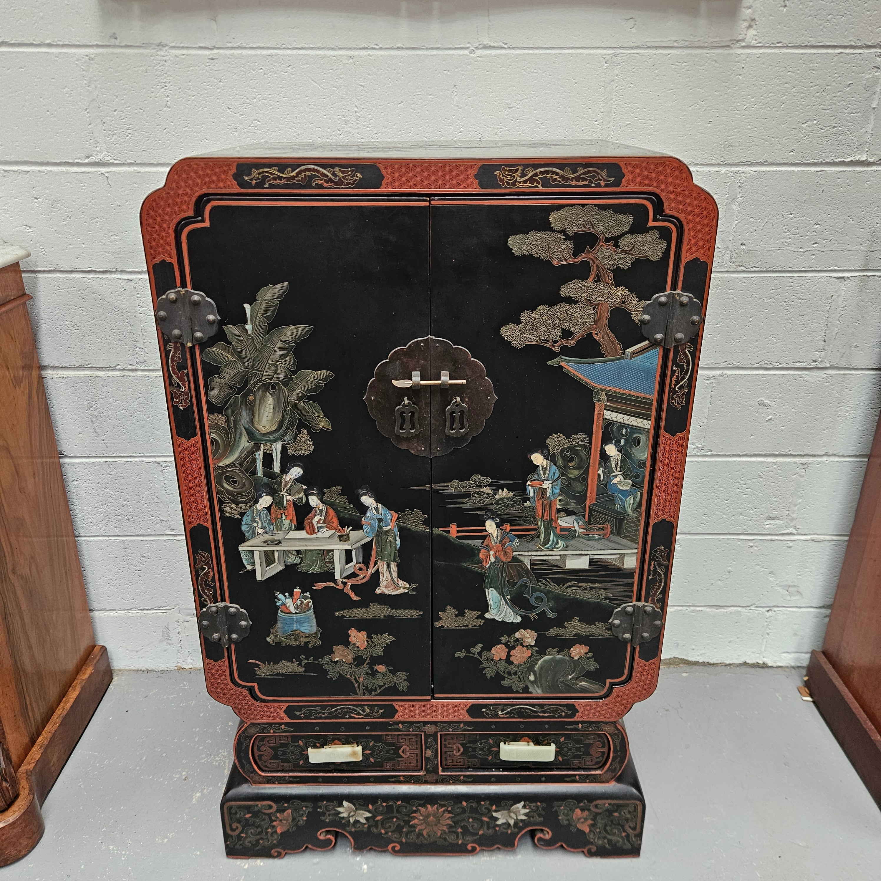 High Quailty Ebonised Chinese Cabinet with Jade Handel's & Handel's Painted | Antique & Vintage | Moonee Ponds Antiques | Australia Wide Delivery