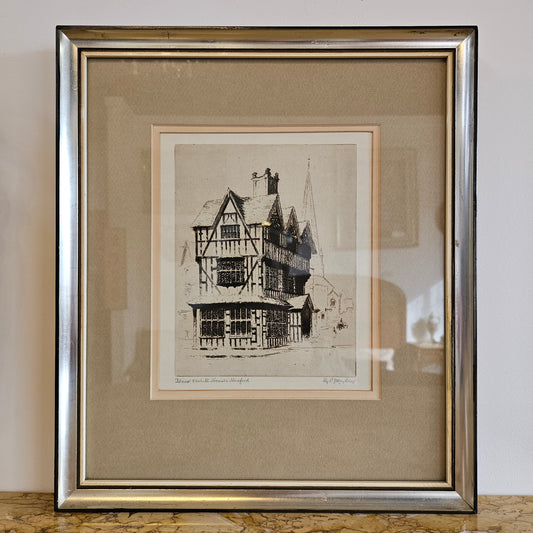 Framed Etching "Black and White Houses Hereford" by E Mayberry