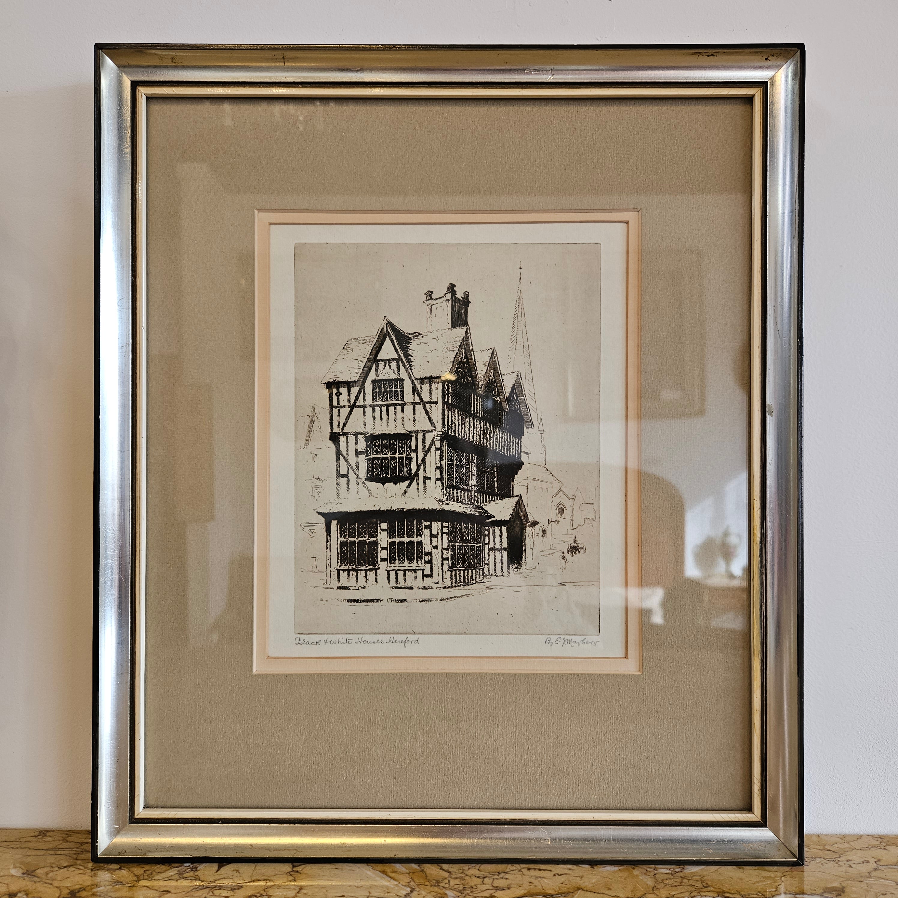 Framed Etching "Black and White Houses Hereford" by E Mayberry | Antique & Vintage | Moonee Ponds Antiques | Australia Wide Delivery