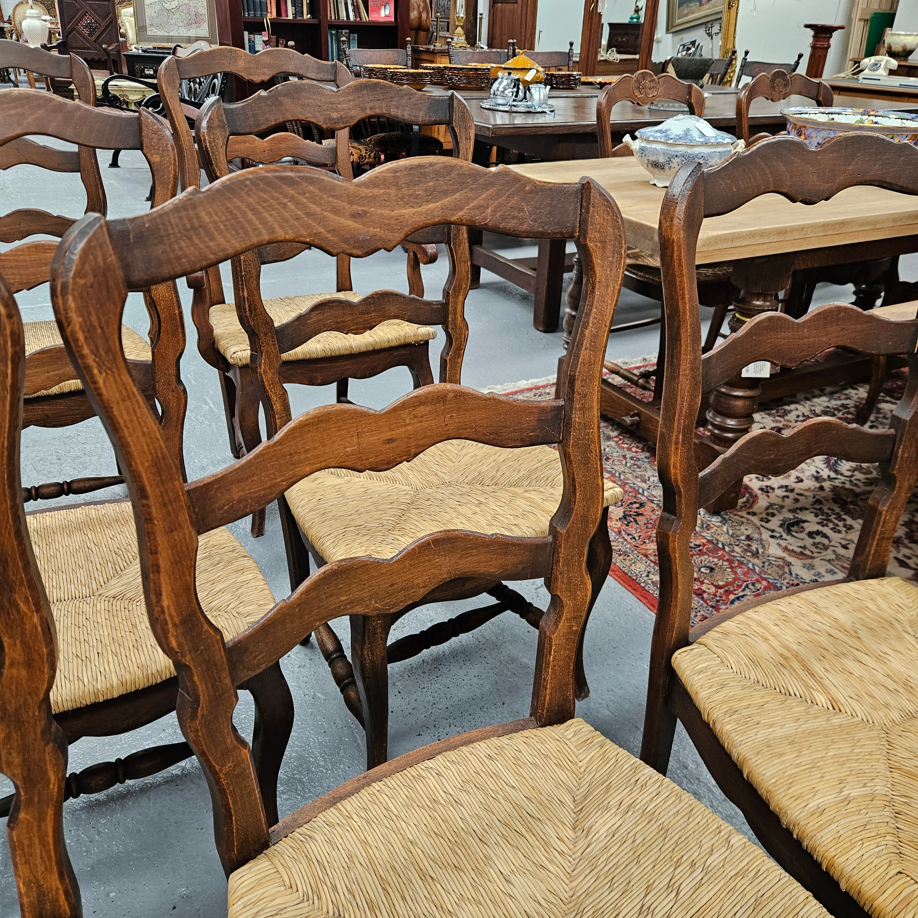 Set of Ten French Oak Rush Seats 8 Dining Chairs & 2 Carvers | Antique & Vintage | Moonee Ponds Antiques | Australia Wide Delivery