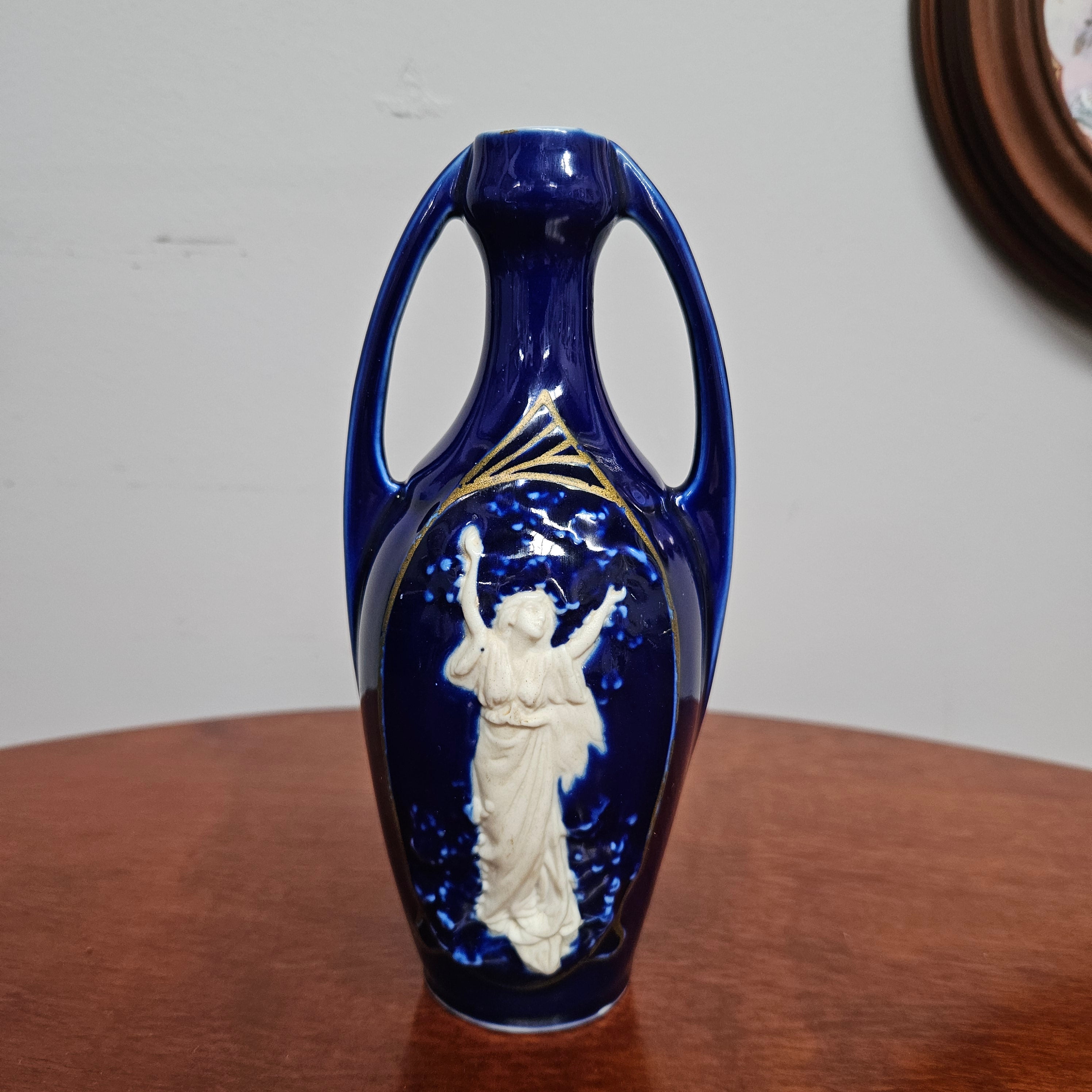 Art Deco Style Cameo Figure Cobalt Blue Vase