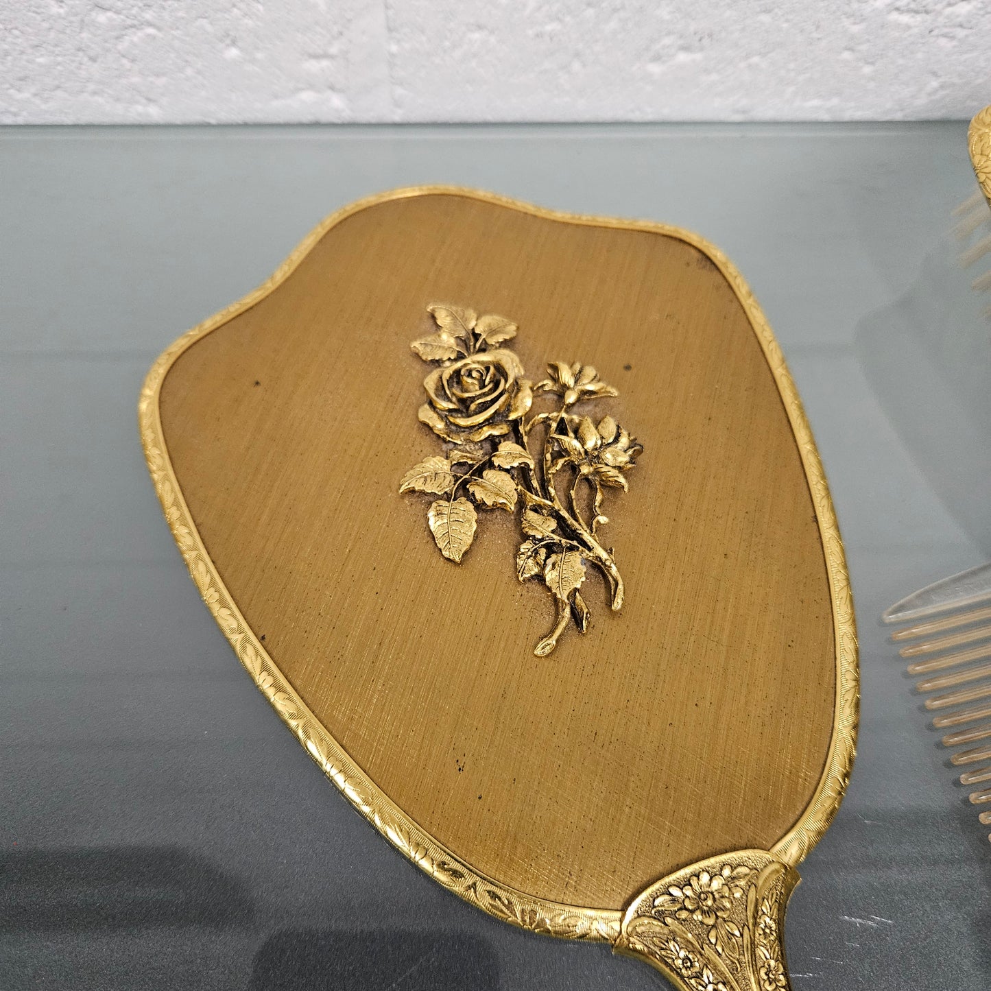 Gilt Brass Brush Mirror & Comb Set