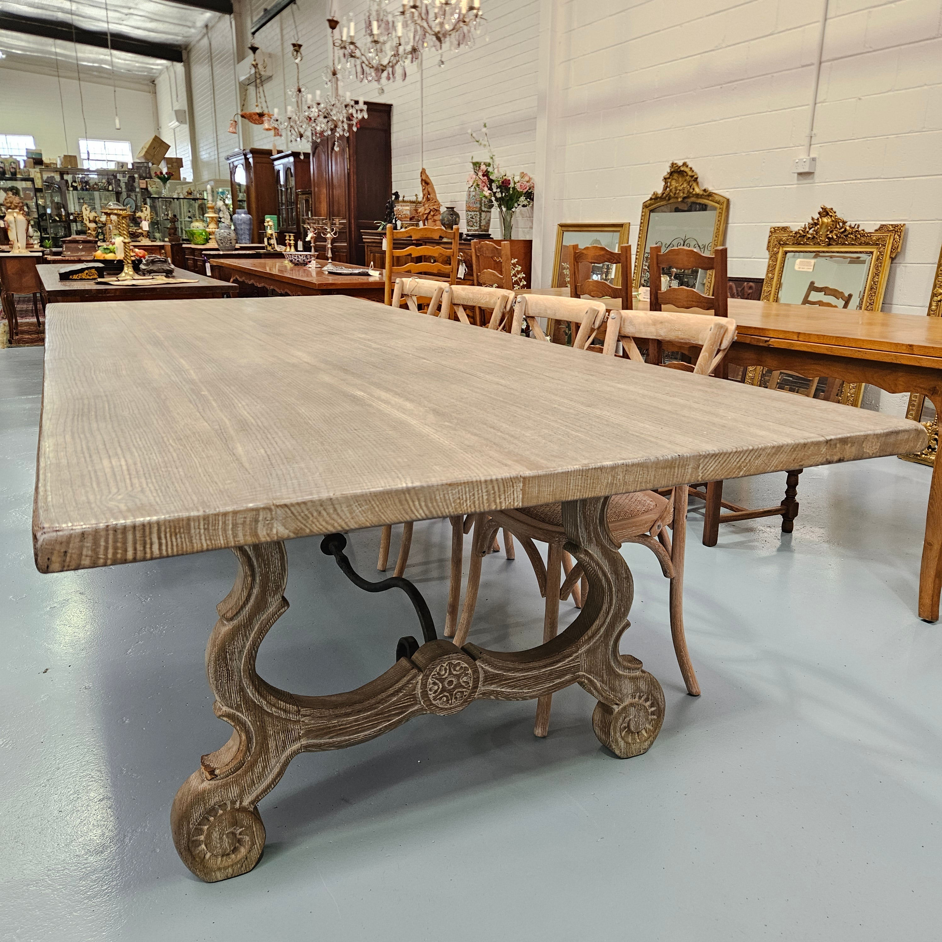 Large Antique French-Style Limewashed Dining Table