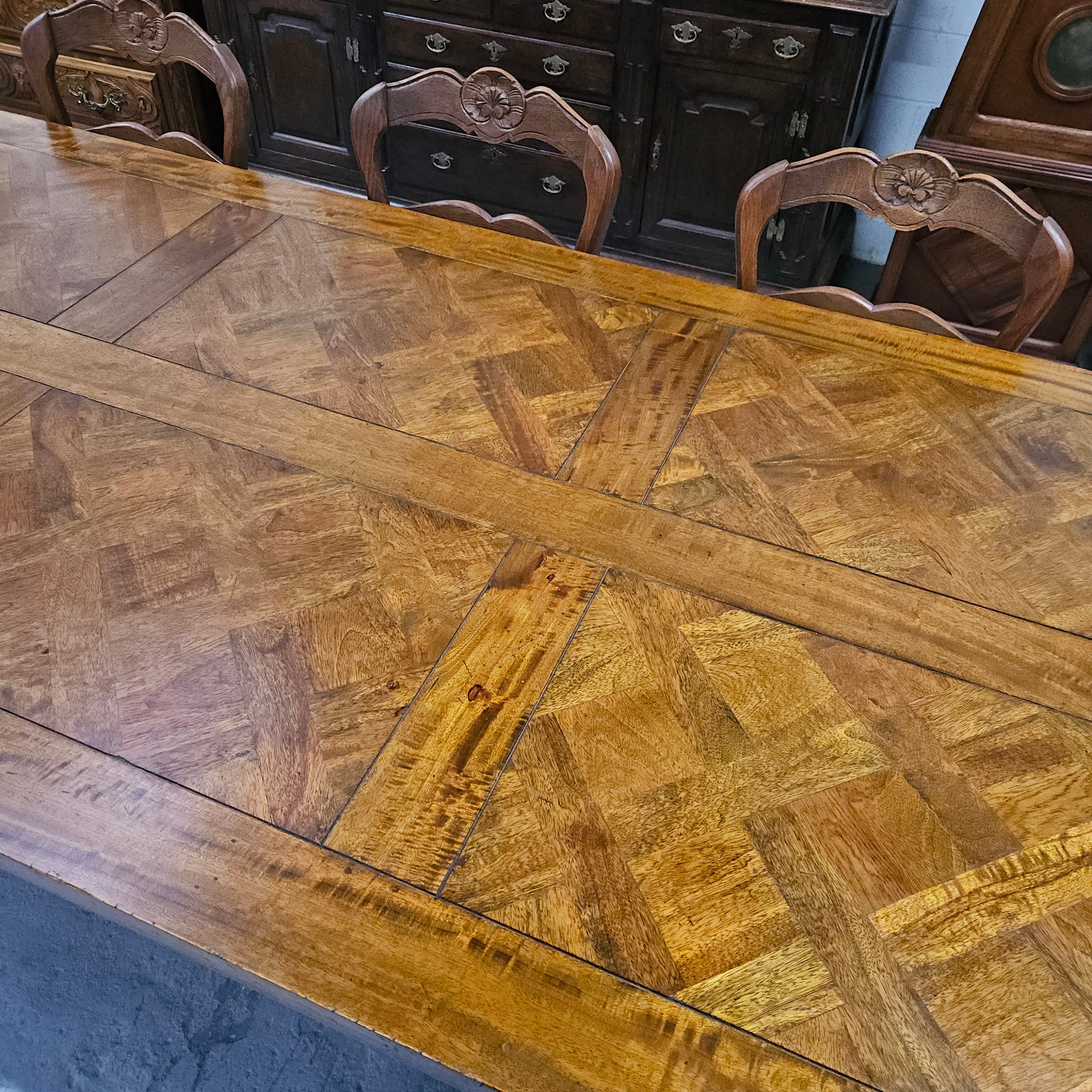 French Style Parquetry Top Fruit wood Farmhouse Extension Table | Antique & Vintage | Moonee Ponds Antiques | Australia Wide Delivery