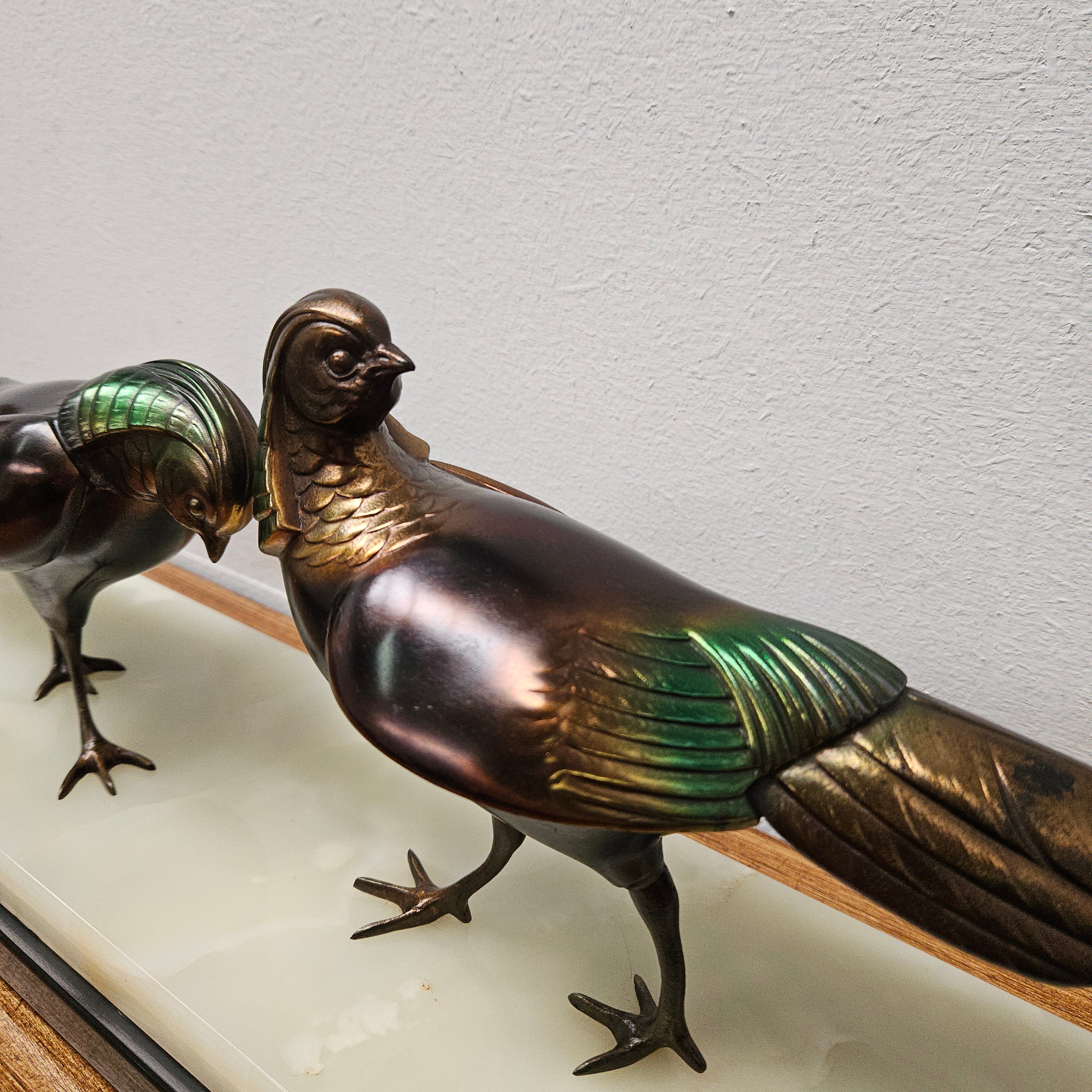 French Art Deco Pair Of Spelter Pheasants On A Marble Plinth | Antique & Vintage | Moonee Ponds Antiques | Australia Wide Delivery