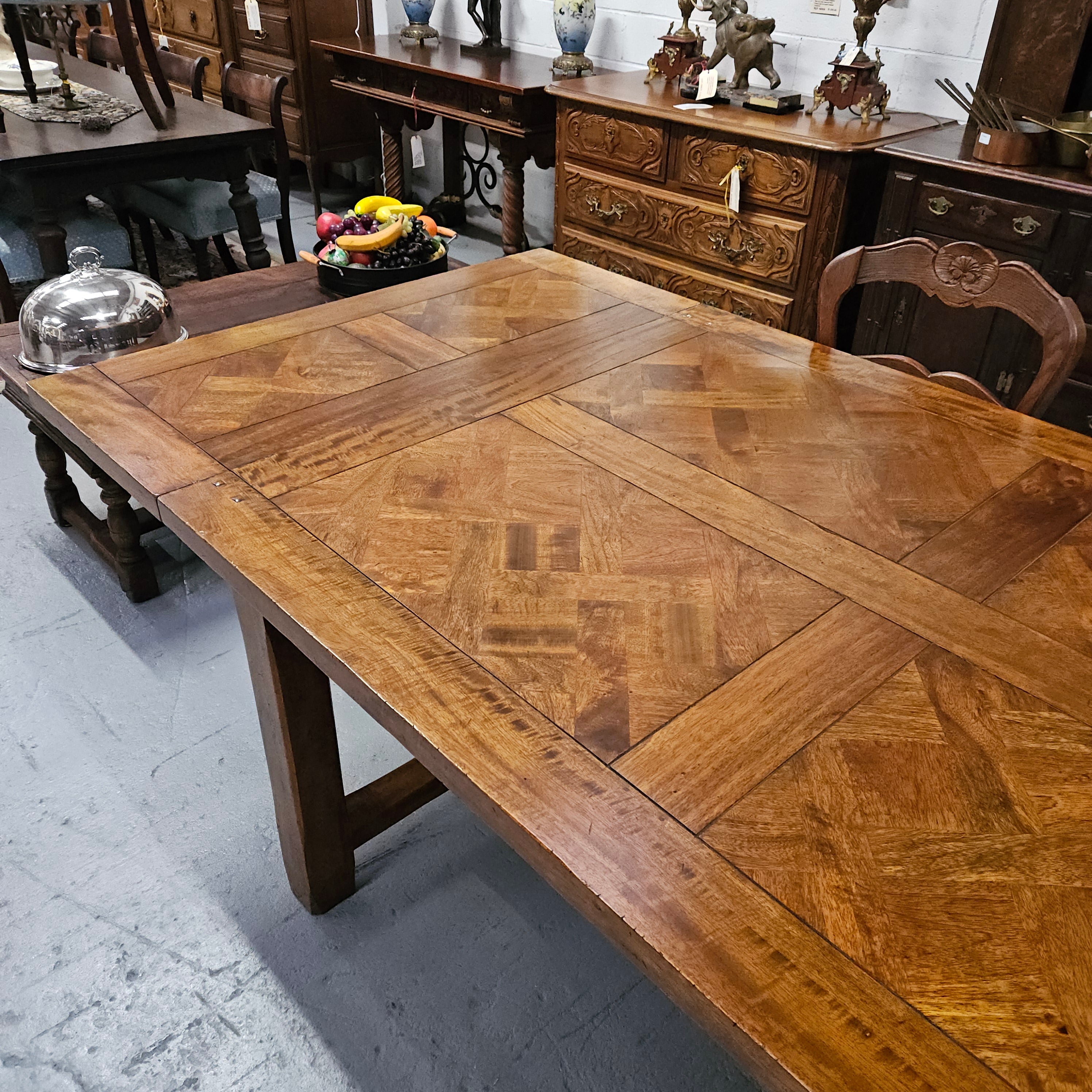 French Style Parquetry Top Fruit wood Farmhouse Extension Table | Antique & Vintage | Moonee Ponds Antiques | Australia Wide Delivery