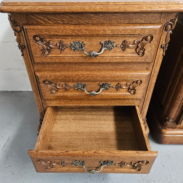 Hard to find Louis XVI style French Oak bedsides with three drawers and lovely carvings. They are in good original detailed condition. 