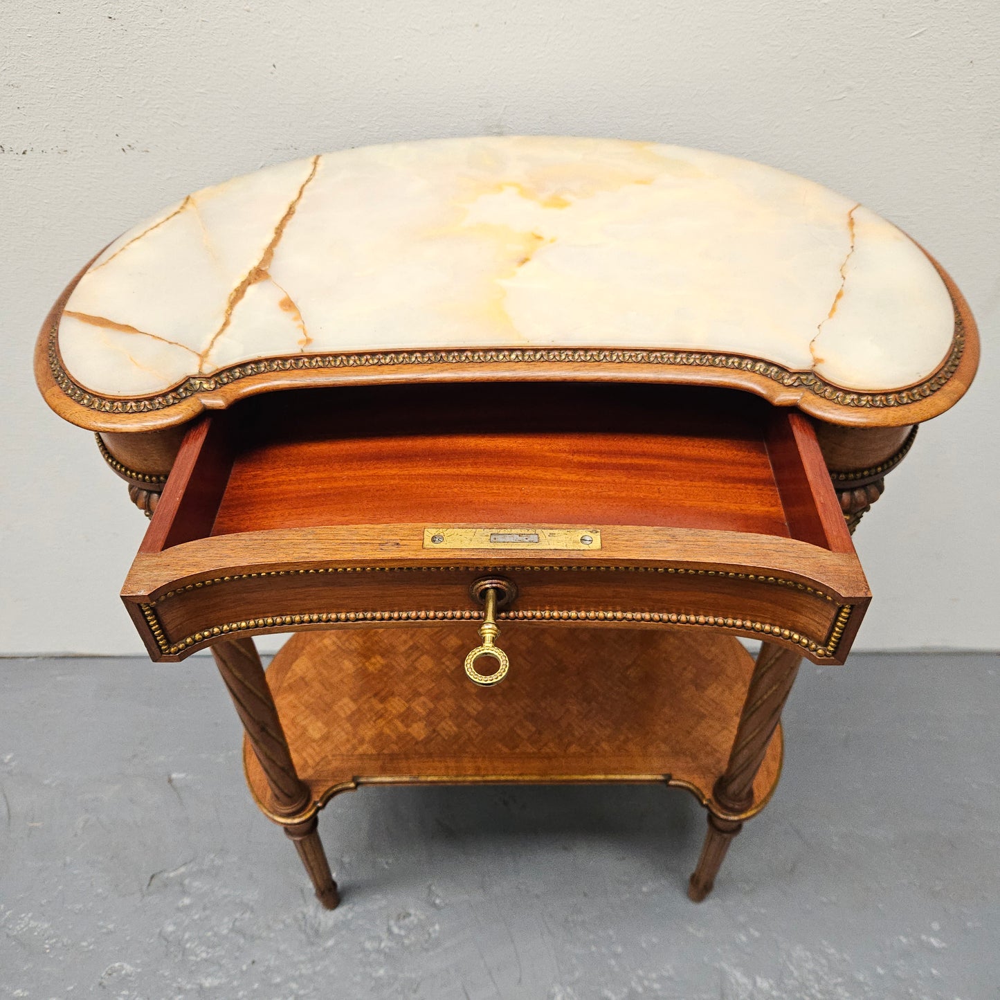 Louis XVIth Style Kidney Shape, Marble Top, Ormolu Trim Side Table