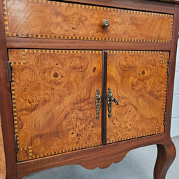 French Burr Walnut & Walnut Marble Top Side Cabinet
