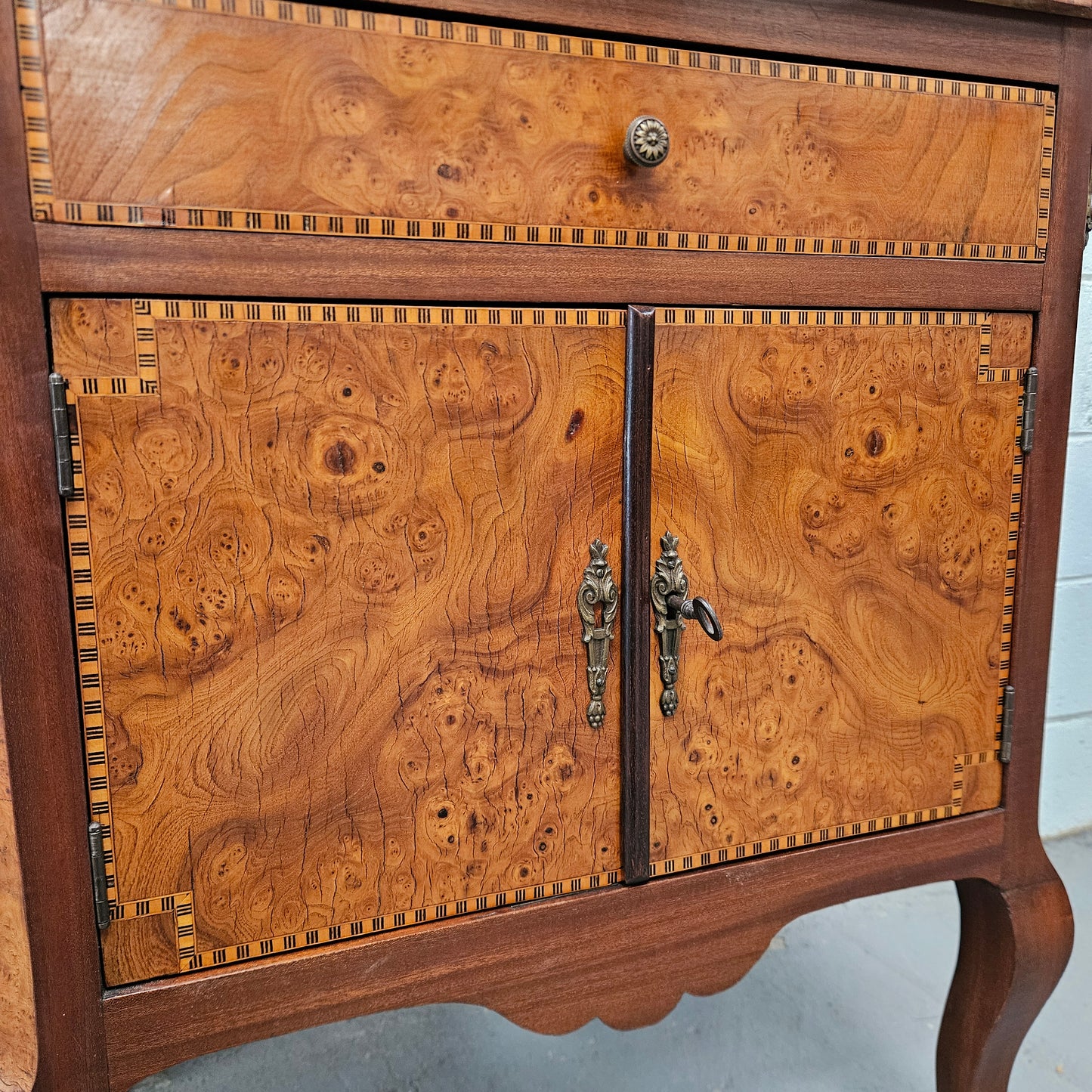 French Burr Walnut & Walnut Marble Top Side Cabinet