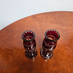 Pair Of Vintage Ruby & Etched Miniature Glass Vase