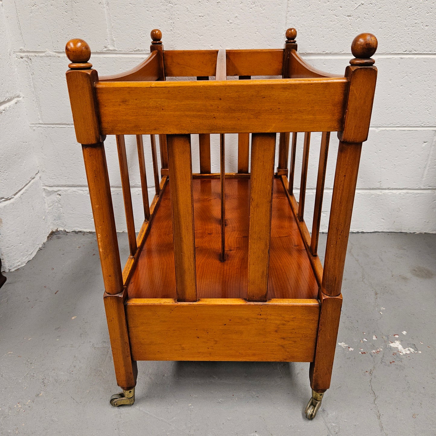 Vintage English Yew Canterbury Newspaper Stand on Brass Wheels