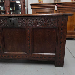 18th Century French Oak Coffer Featuring Beautiful Carvings