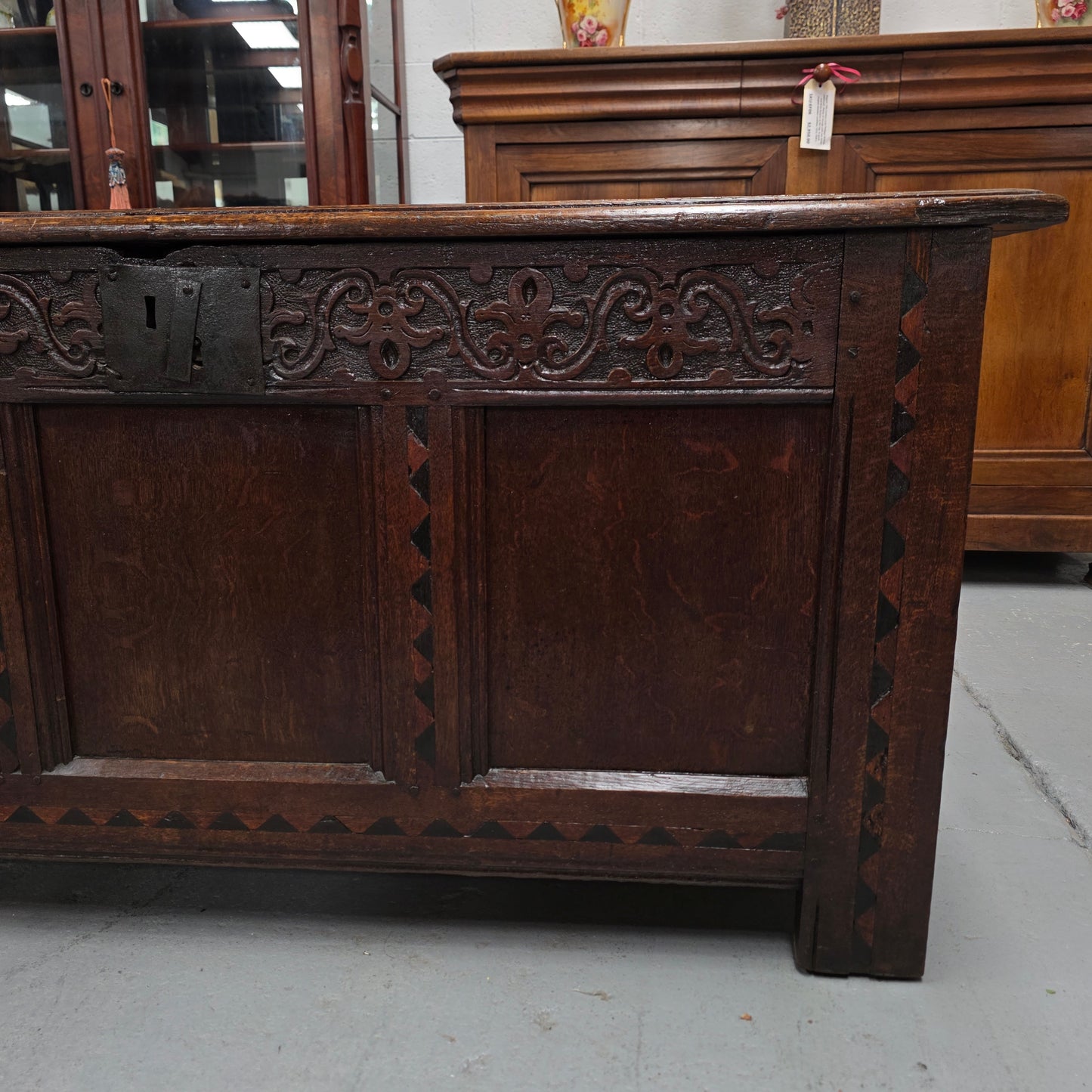 18th Century French Oak Coffer Featuring Beautiful Carvings