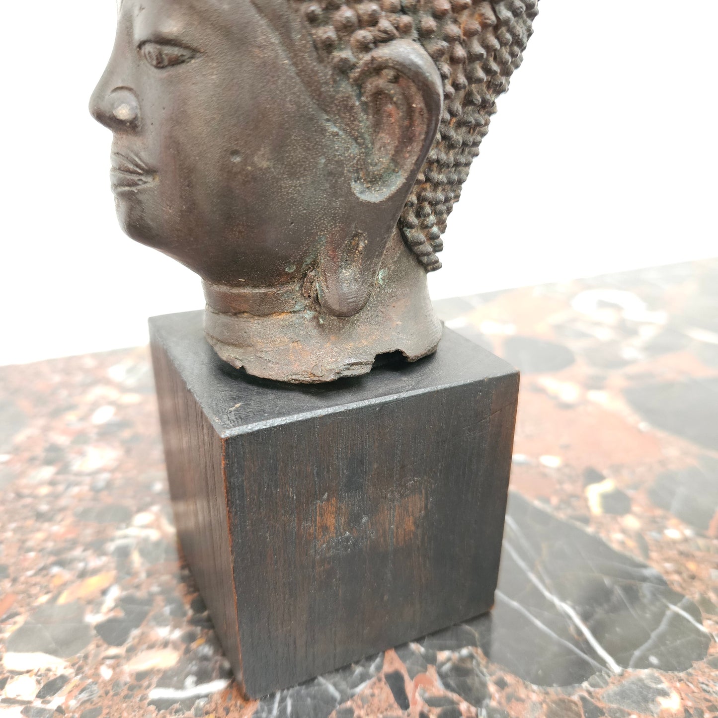 Antique Bronze Buddha Head On Plinth