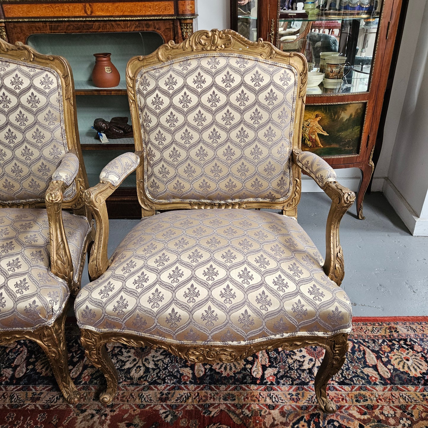 Antique Pair Reupholstered Louis XVth Style Giltwood Armchairs