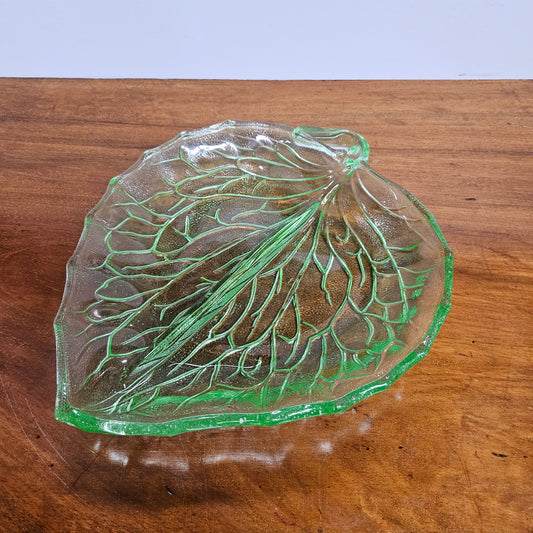Vintage Bagley Uranium Green Glass Leaf Dish