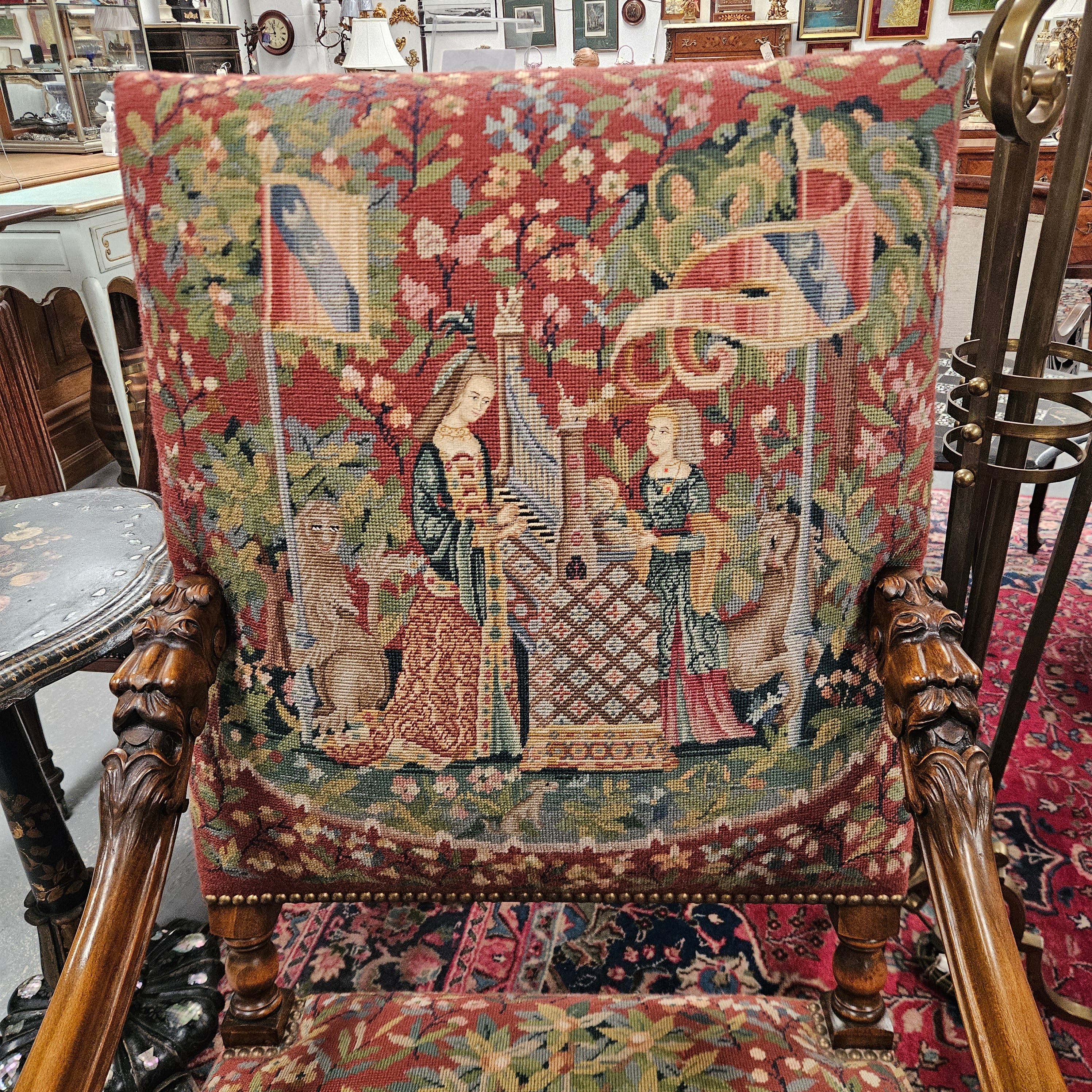 19th Century French Carved Walnut & Tapestry Fireside/Throne Chair | Antique & Vintage | Moonee Ponds Antiques | Australia Wide Delivery