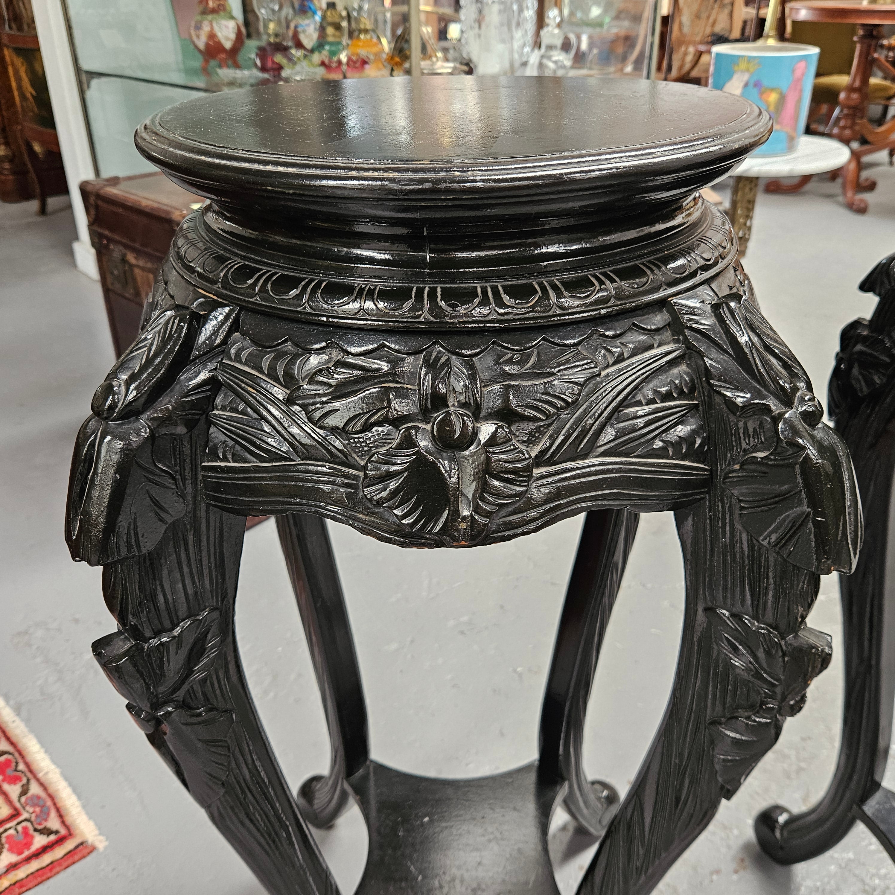 Pair Vintage Chinese Carved Ebonised Pedestals
