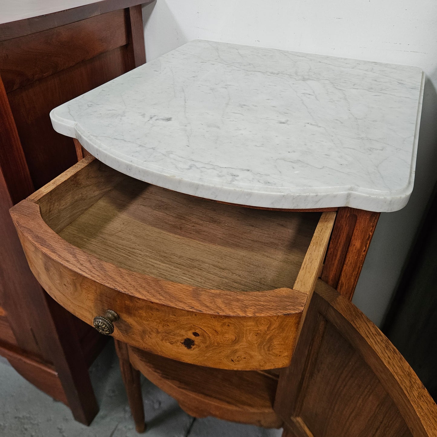 French Figured Burr Walnut & Oak Marble Top Bedside Cabinet