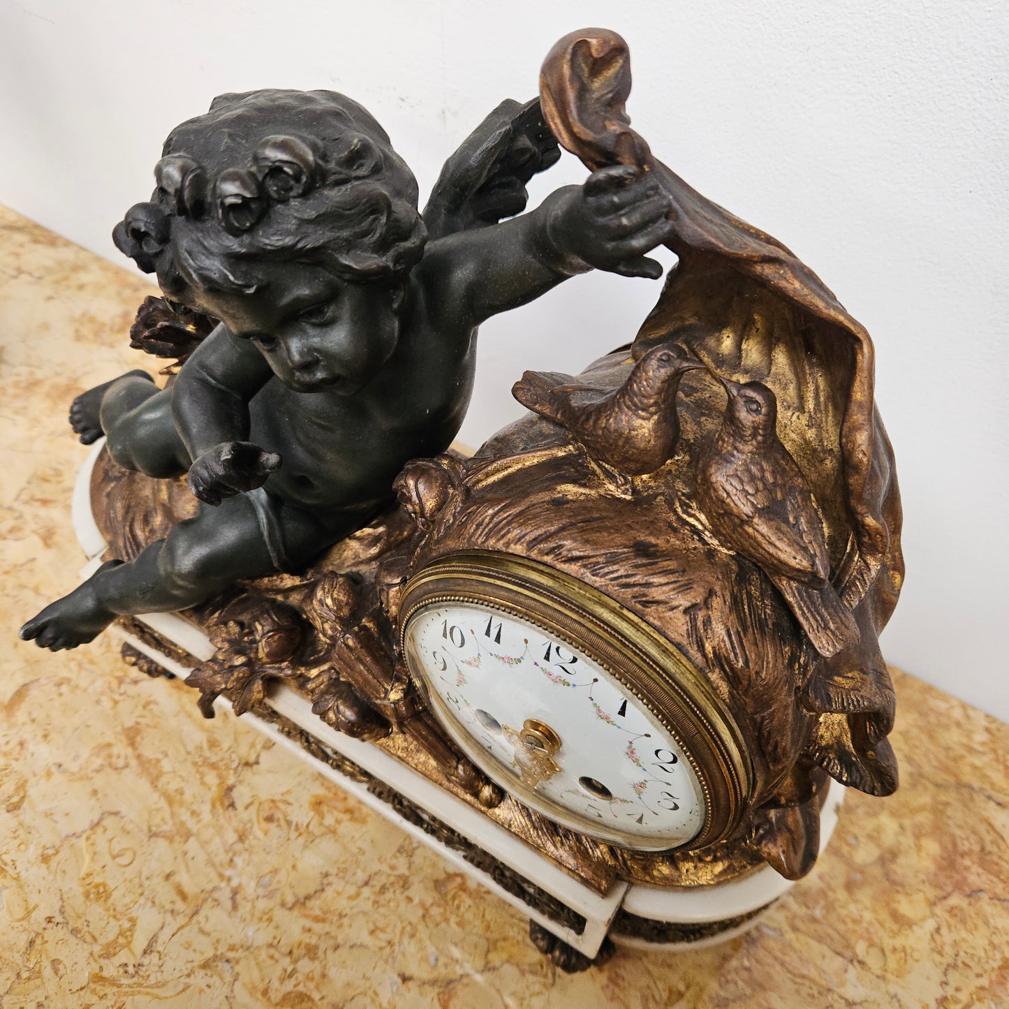 French Cherub Gilt & Marble Mantle Clock