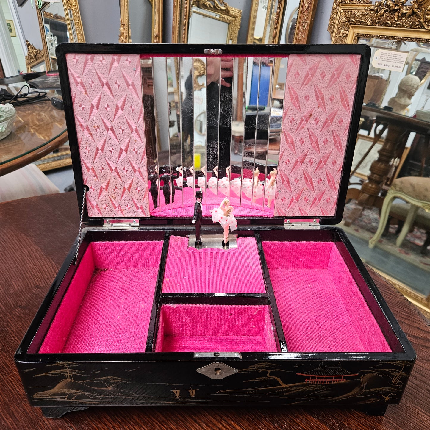 Vintage Japanese Lacquer , Abalone Shell & Gilt Painted  Musical Jewellery Box