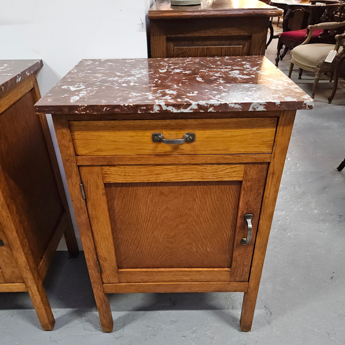 Compact Oak Marble Top Side Cabinet With Drawer